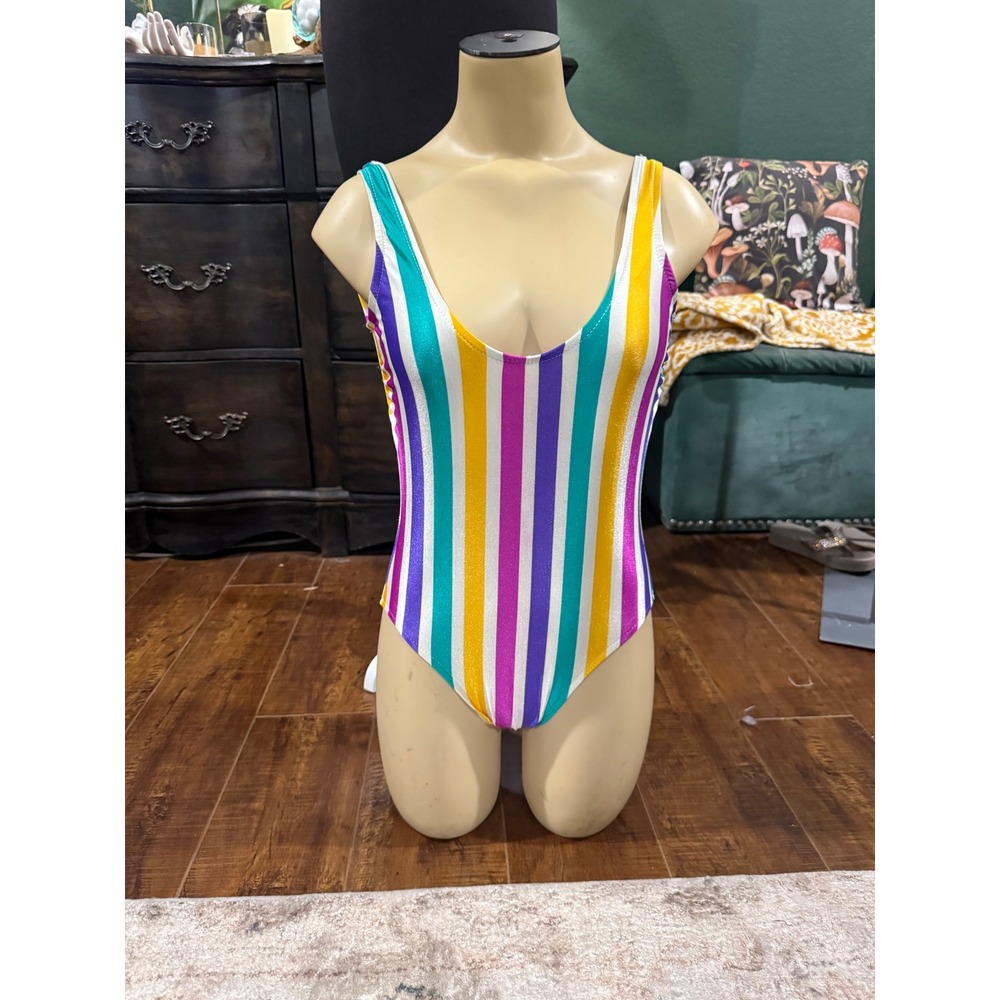 Vintage Jantzen Multi Color Striped One Piece‎ Swimsuit Low Back Scoop Neck